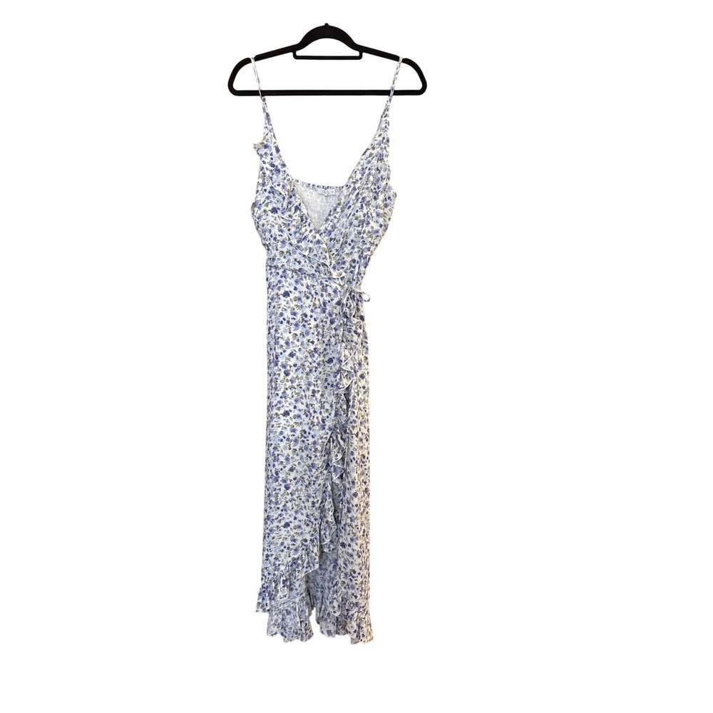 Soleil Wrap Dress Women Blue‎ Floral Ruffle Boho Midi SIZE M